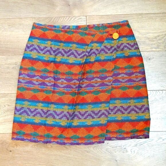 The Limited Vintage Wrap Mini Skirt Size 12 Orange Purple Woven Aztec - Picture 1 of 7